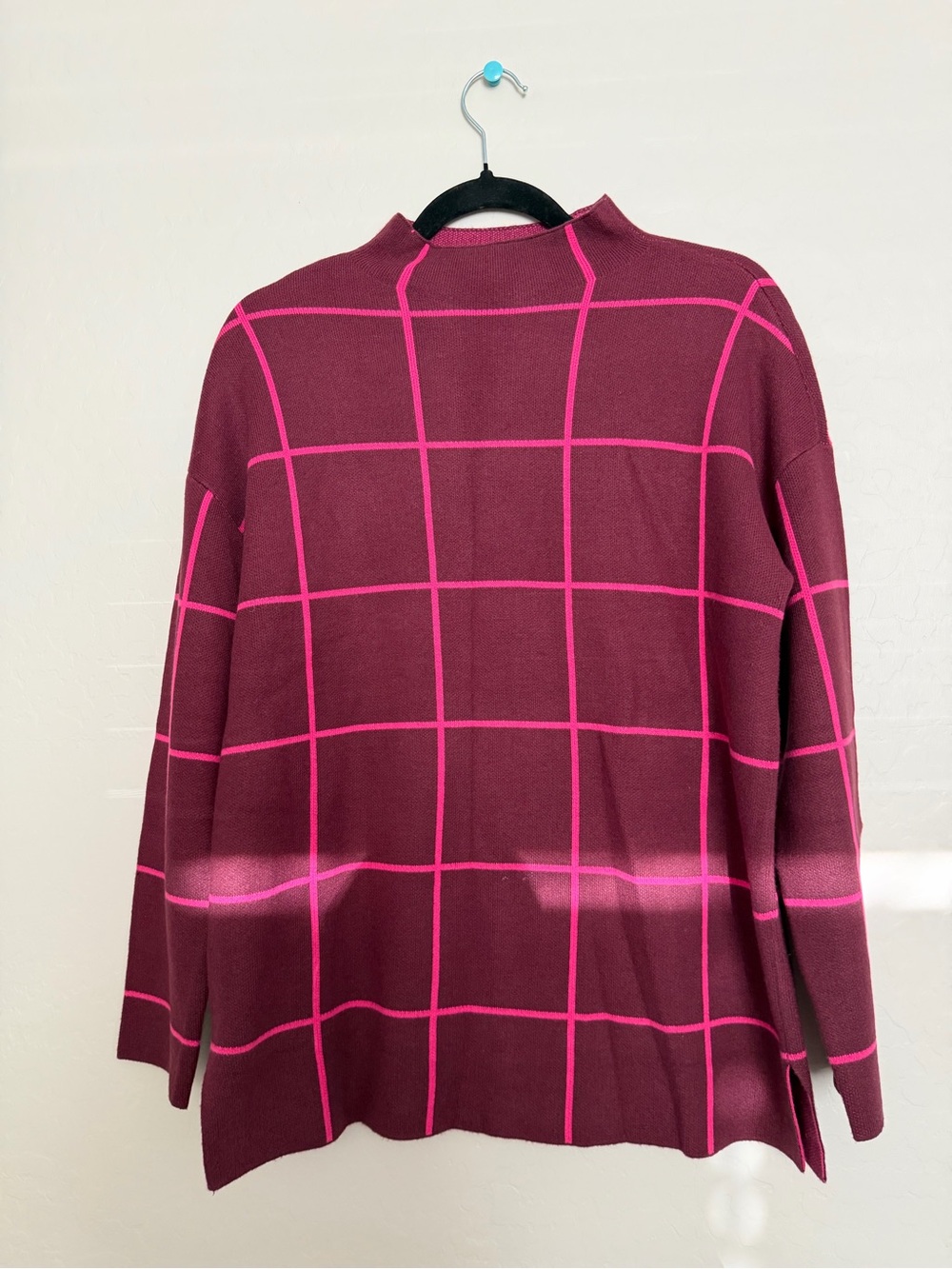 LOFT Burgundy Knit Top with Hot Pink Windowpane